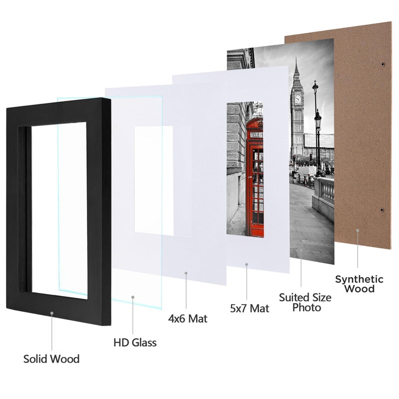 eletecpro 8x10 Picture Frame 4 Pack Made of Solid Wood and Strong Real Glass, Display 4x6 and 5x7 Photos with Mat or 8x10 without Mat, Home Decor for Wall and Tabletop, Gallery Gift Set, Black - Image 2
